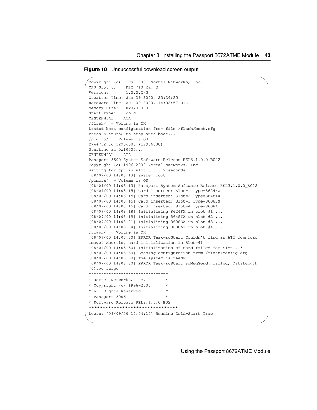 Nortel Networks 8672ATME manual Unsuccessful download screen output 