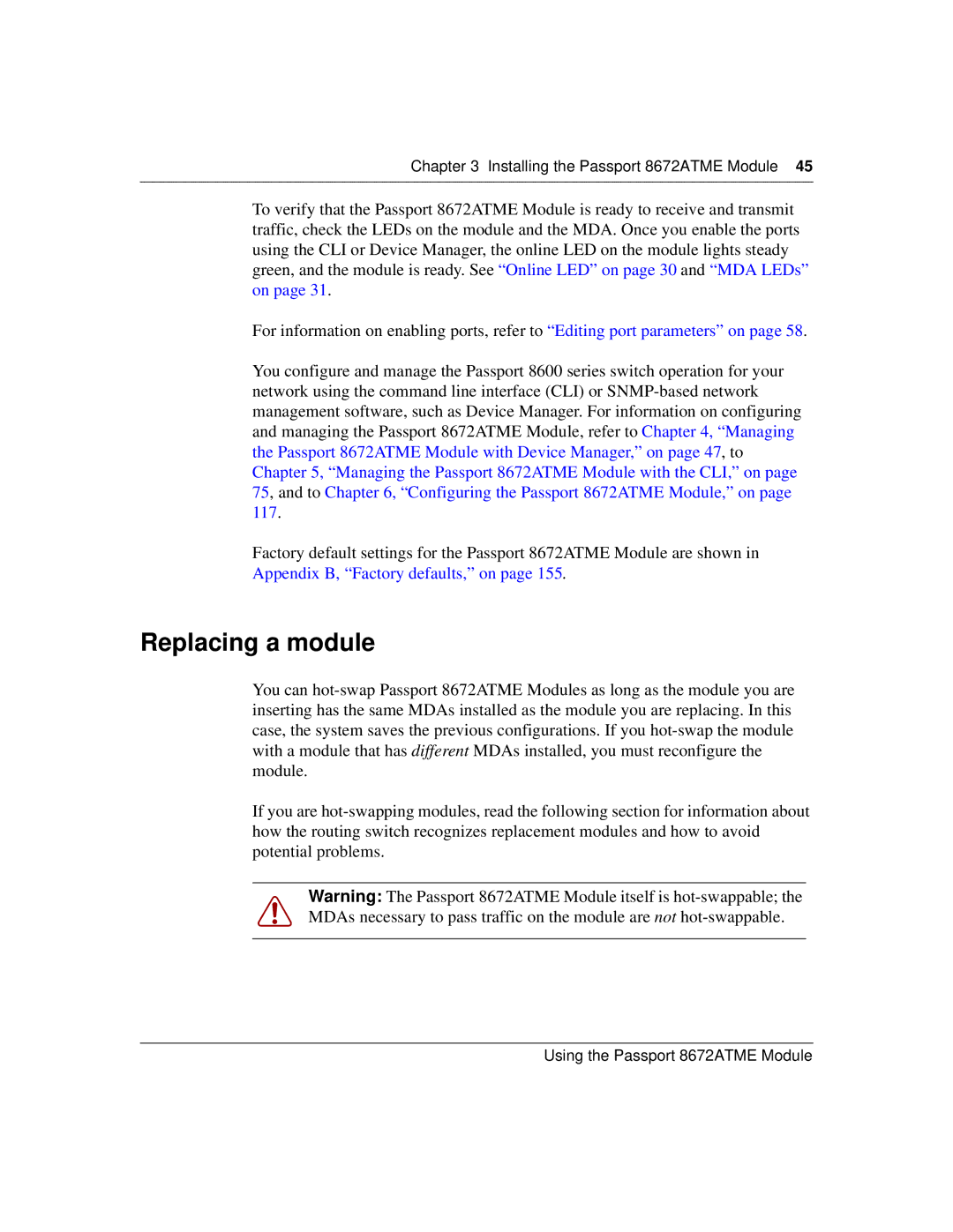 Nortel Networks 8672ATME manual Replacing a module 