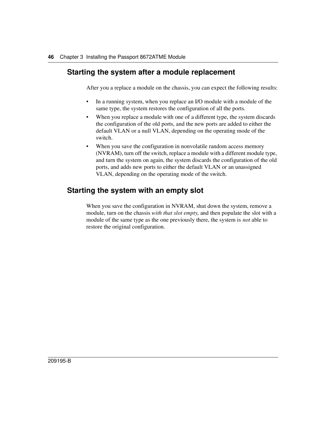Nortel Networks 8672ATME manual Starting the system after a module replacement, Starting the system with an empty slot 