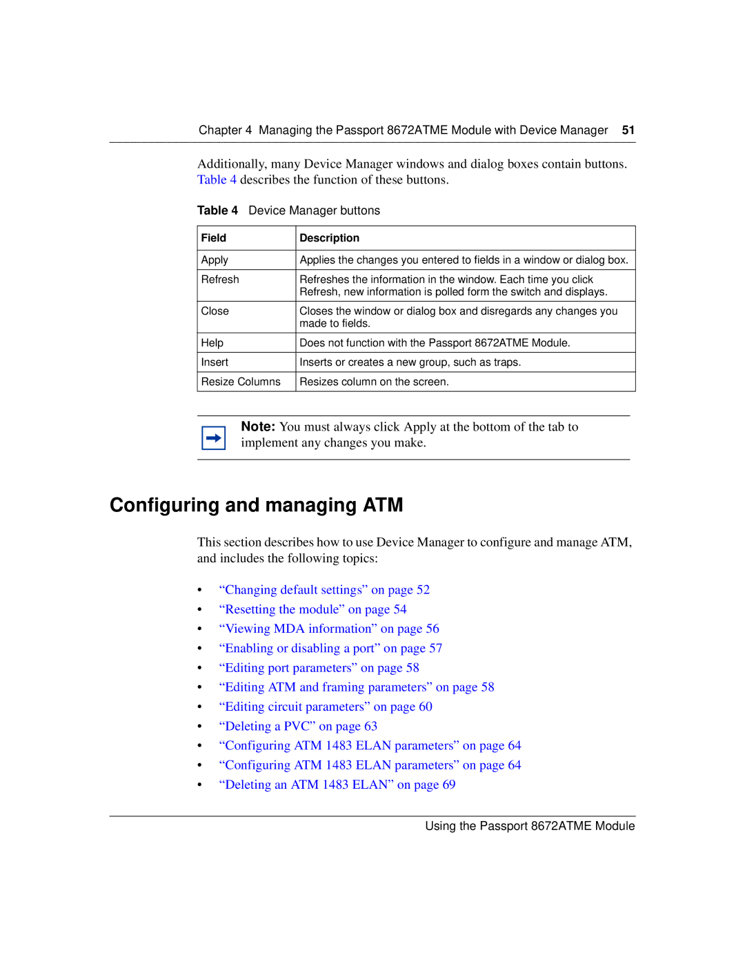 Nortel Networks 8672ATME manual Configuring and managing ATM, Device Manager buttons 