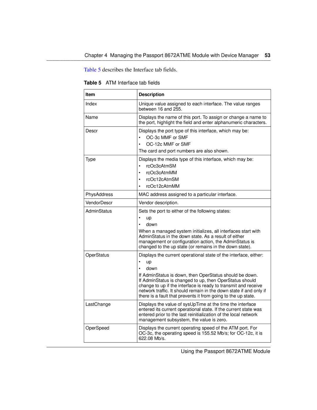 Nortel Networks 8672ATME manual Describes the Interface tab fields, ATM Interface tab fields 