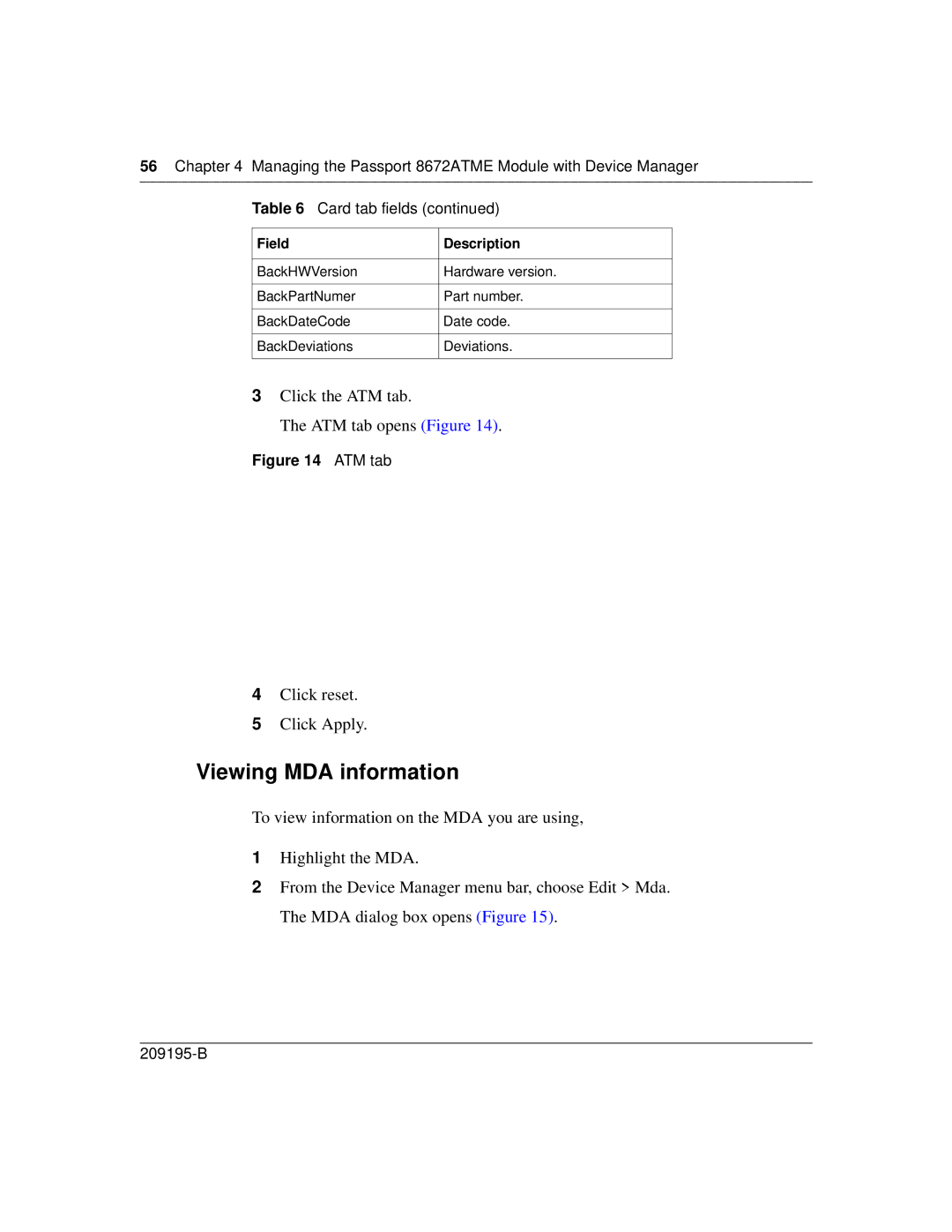 Nortel Networks 8672ATME manual Viewing MDA information, Click the ATM tab ATM tab opens Figure, Click reset Click Apply 