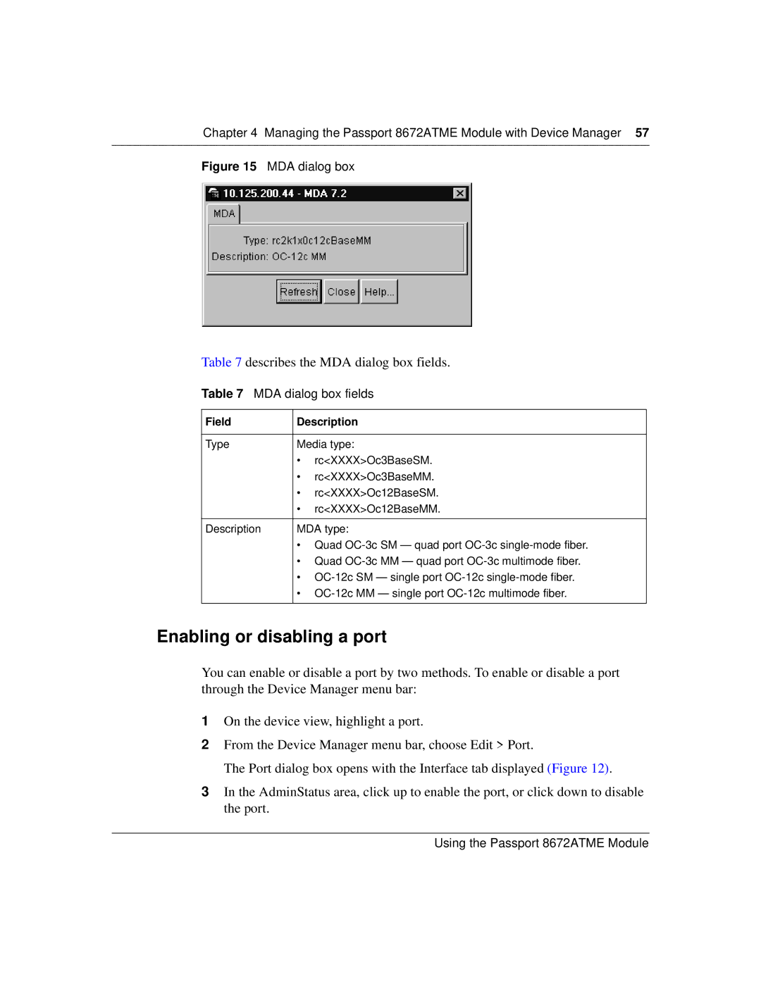 Nortel Networks 8672ATME manual Enabling or disabling a port, Describes the MDA dialog box fields 