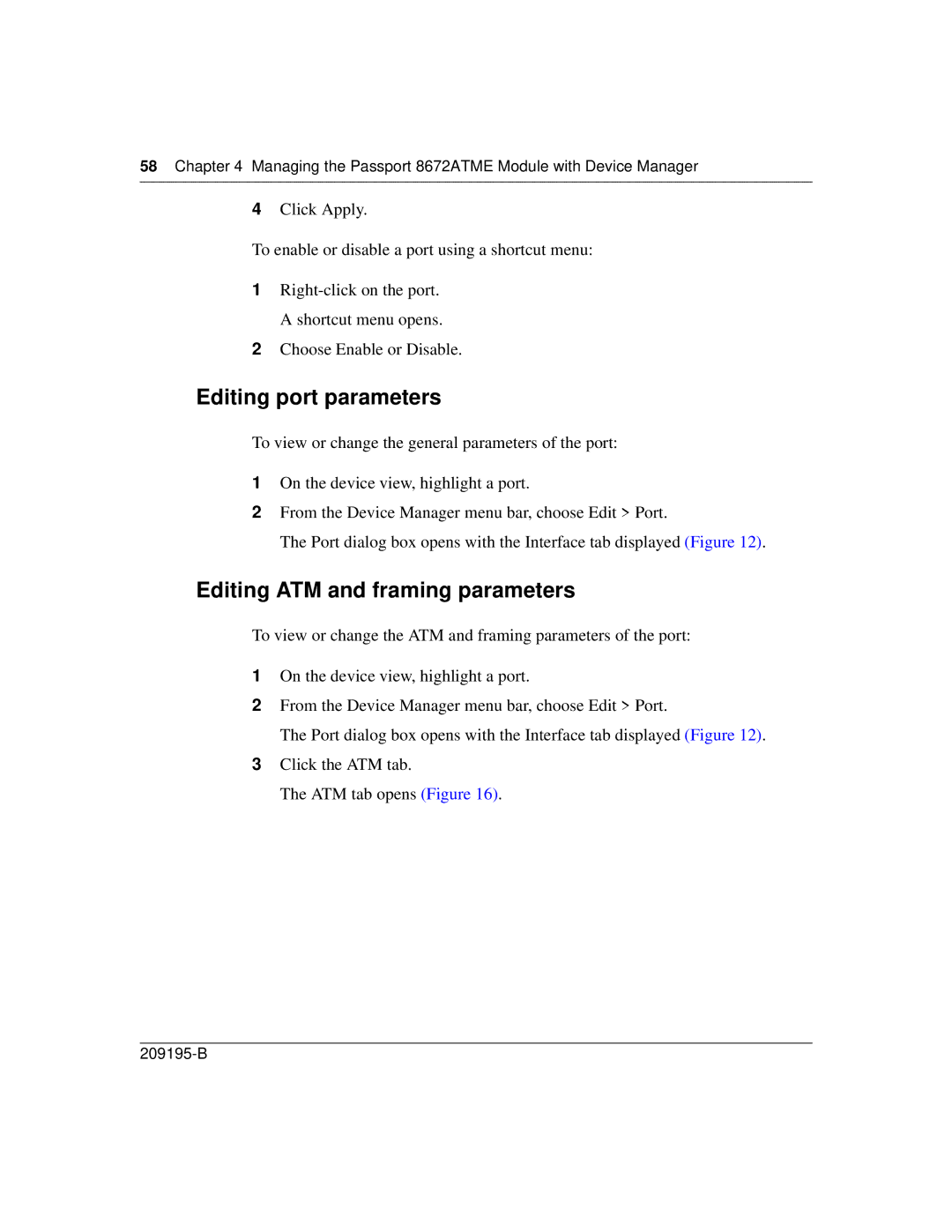 Nortel Networks 8672ATME manual Editing port parameters, Editing ATM and framing parameters 