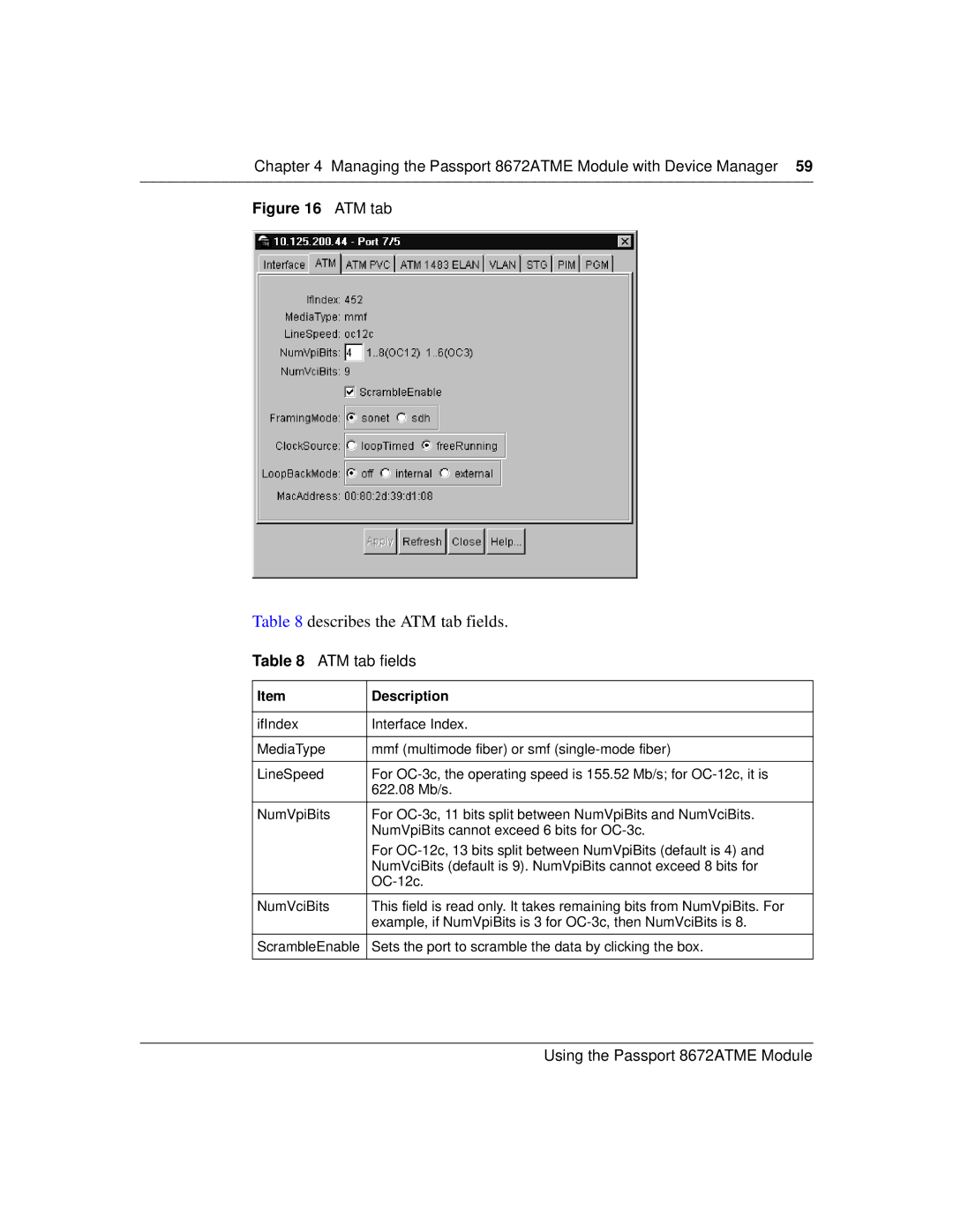 Nortel Networks 8672ATME manual Describes the ATM tab fields 