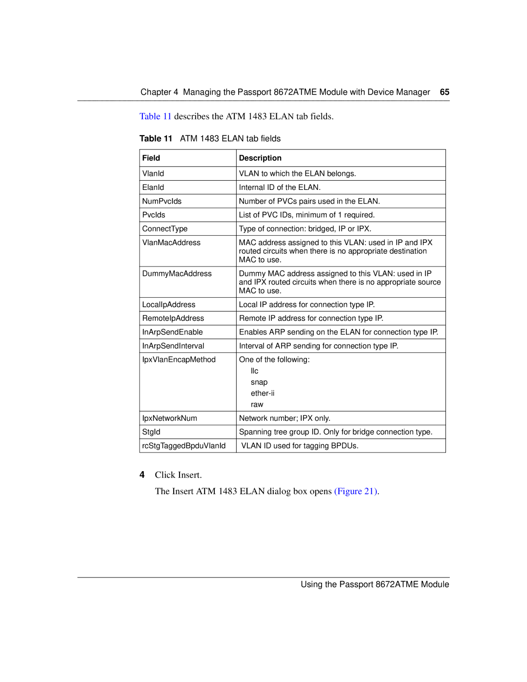 Nortel Networks 8672ATME Describes the ATM 1483 Elan tab fields, Click Insert Insert ATM 1483 Elan dialog box opens Figure 