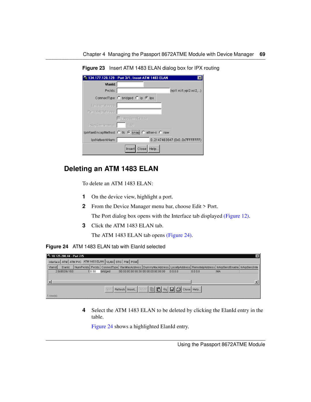 Nortel Networks 8672ATME manual Deleting an ATM 1483 Elan, Insert ATM 1483 Elan dialog box for IPX routing 