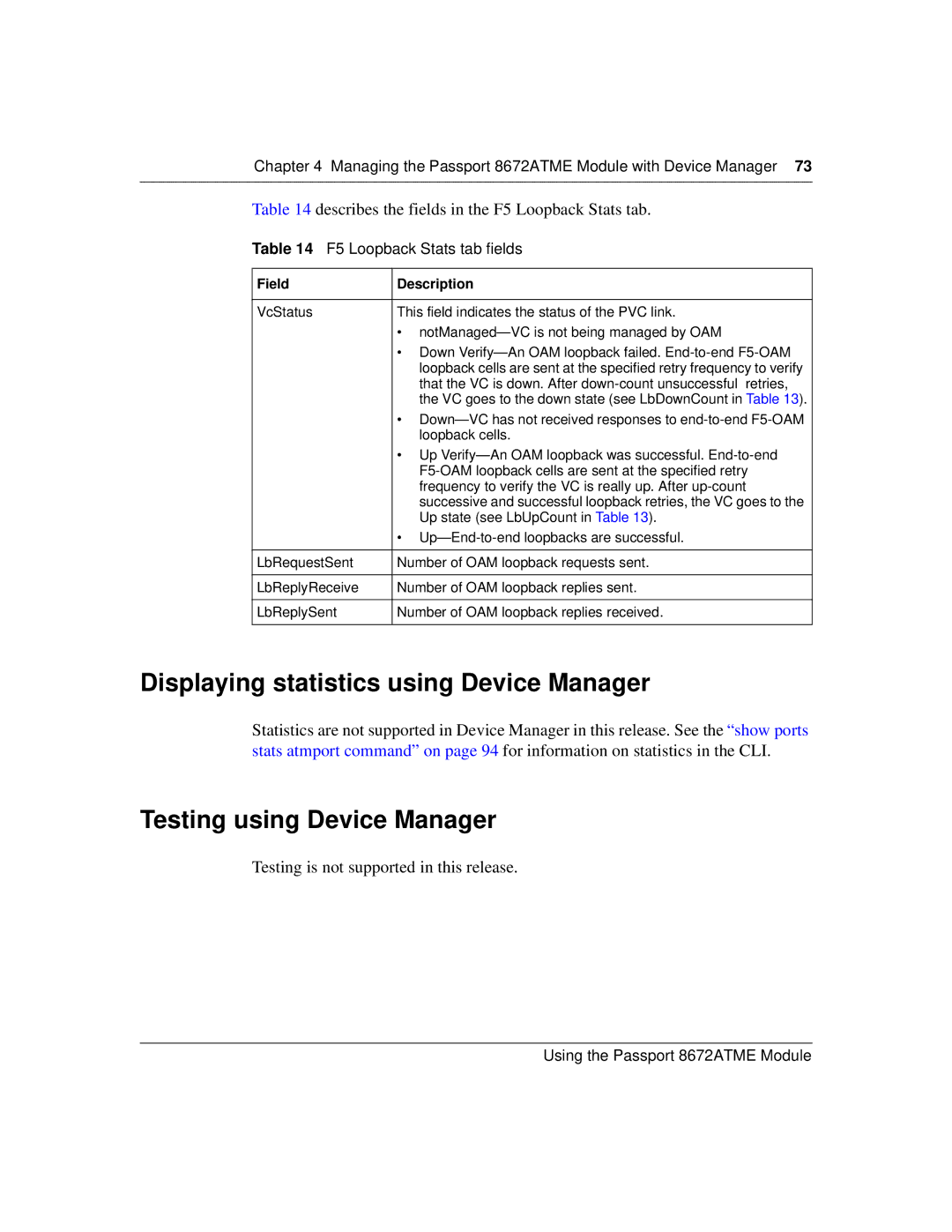 Nortel Networks 8672ATME manual Displaying statistics using Device Manager, Testing using Device Manager 