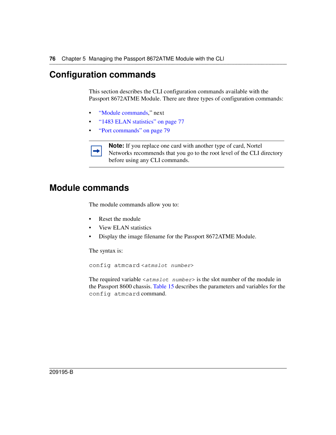 Nortel Networks manual Configuration commands, Module commands, Managing the Passport 8672ATME Module with the CLI 