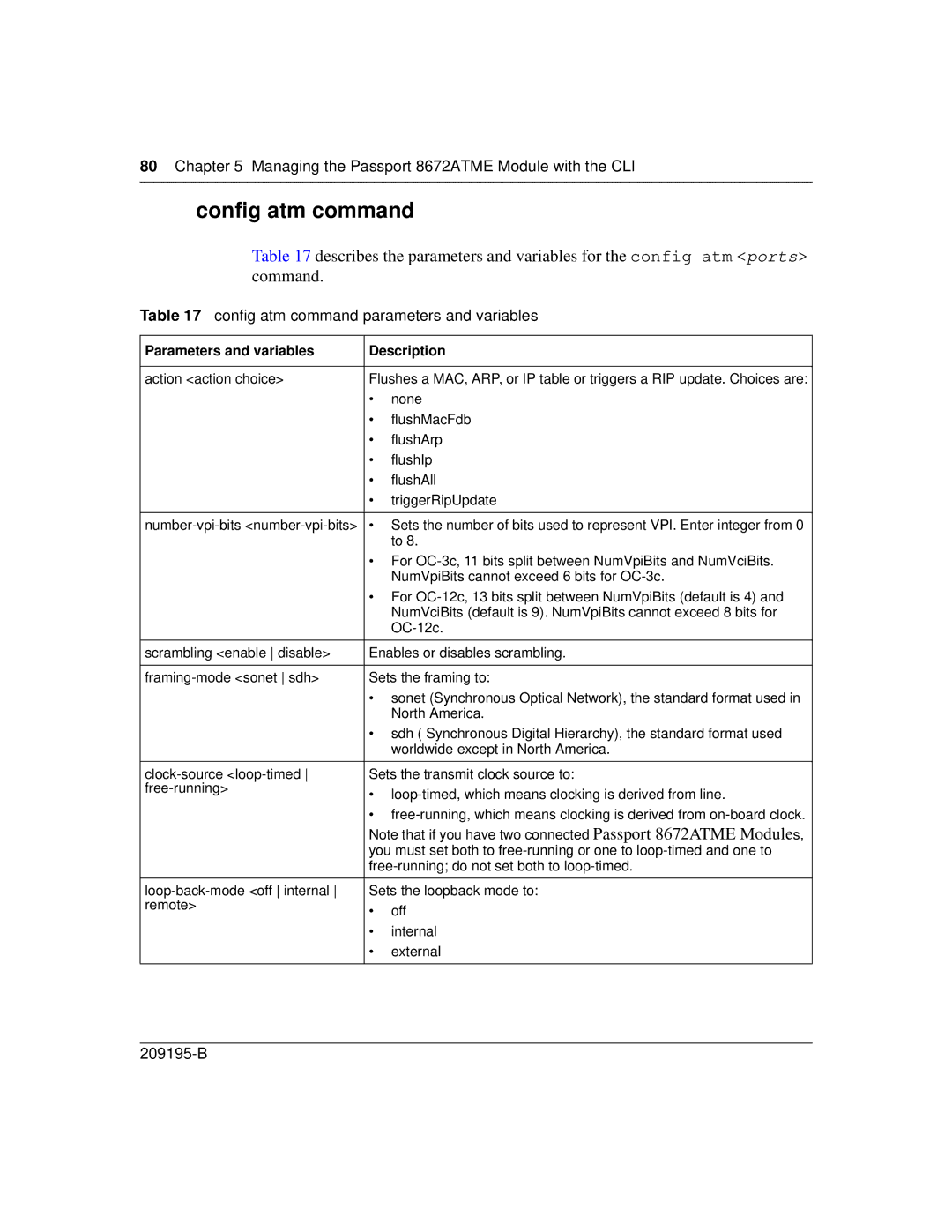 Nortel Networks 8672ATME manual Config atm command parameters and variables 