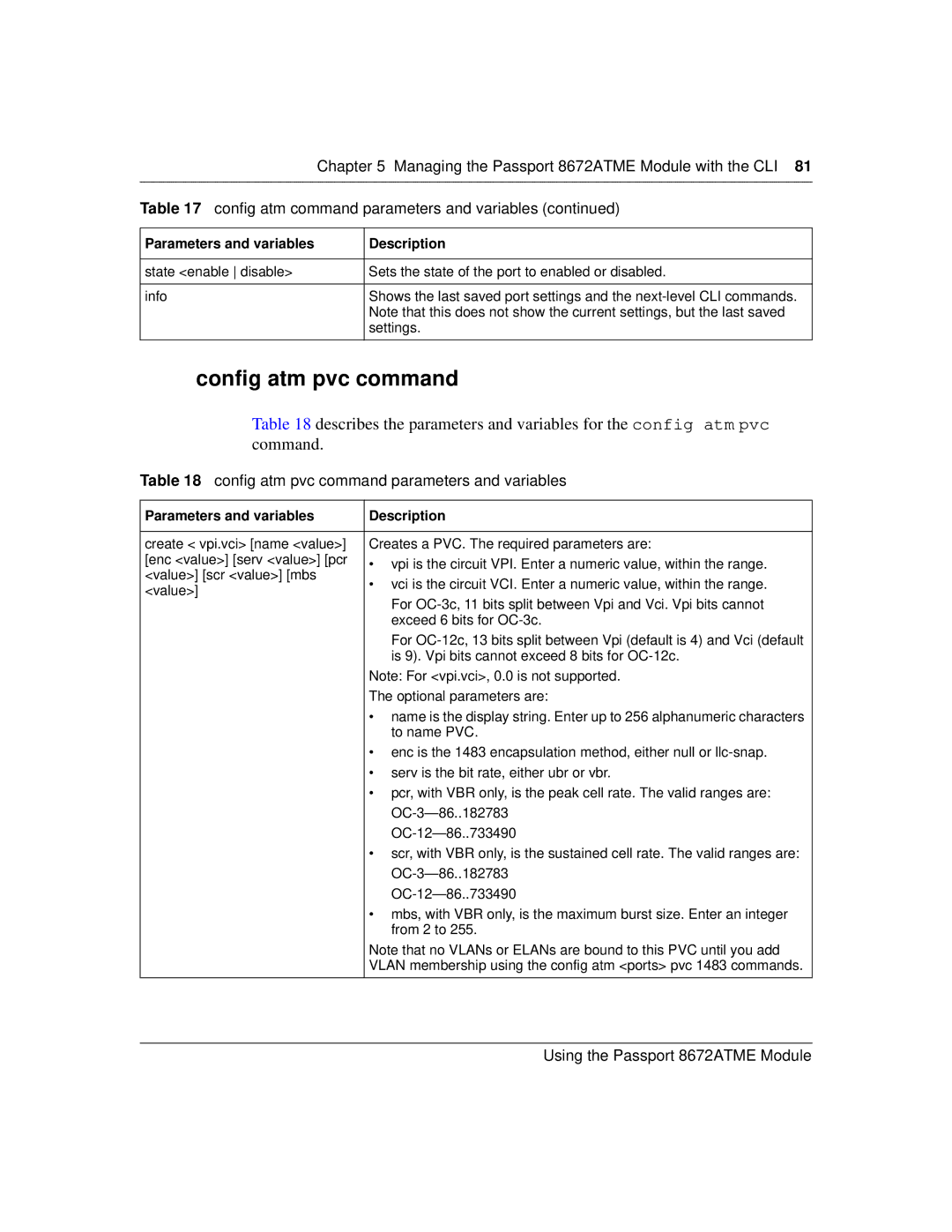 Nortel Networks 8672ATME manual Config atm pvc command parameters and variables 