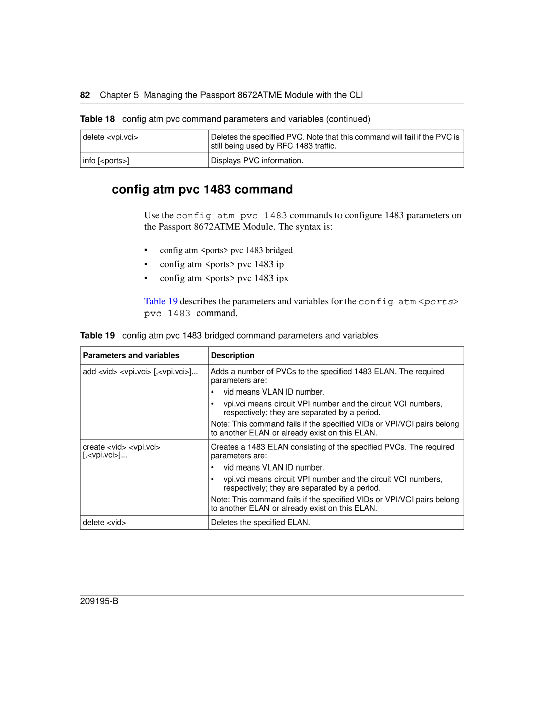 Nortel Networks 8672ATME manual Config atm pvc 1483 command, Config atm pvc 1483 bridged command parameters and variables 