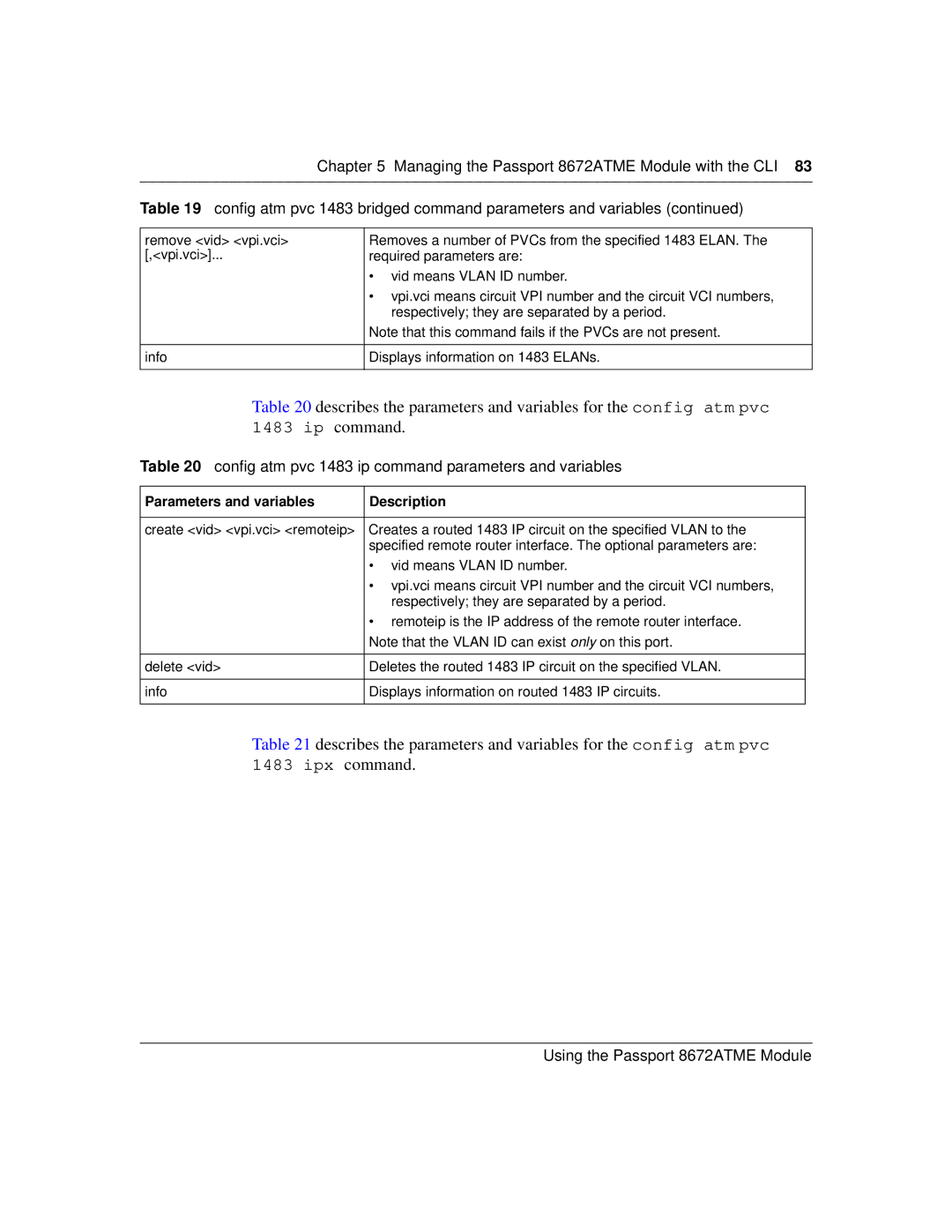 Nortel Networks 8672ATME manual Config atm pvc 1483 ip command parameters and variables 