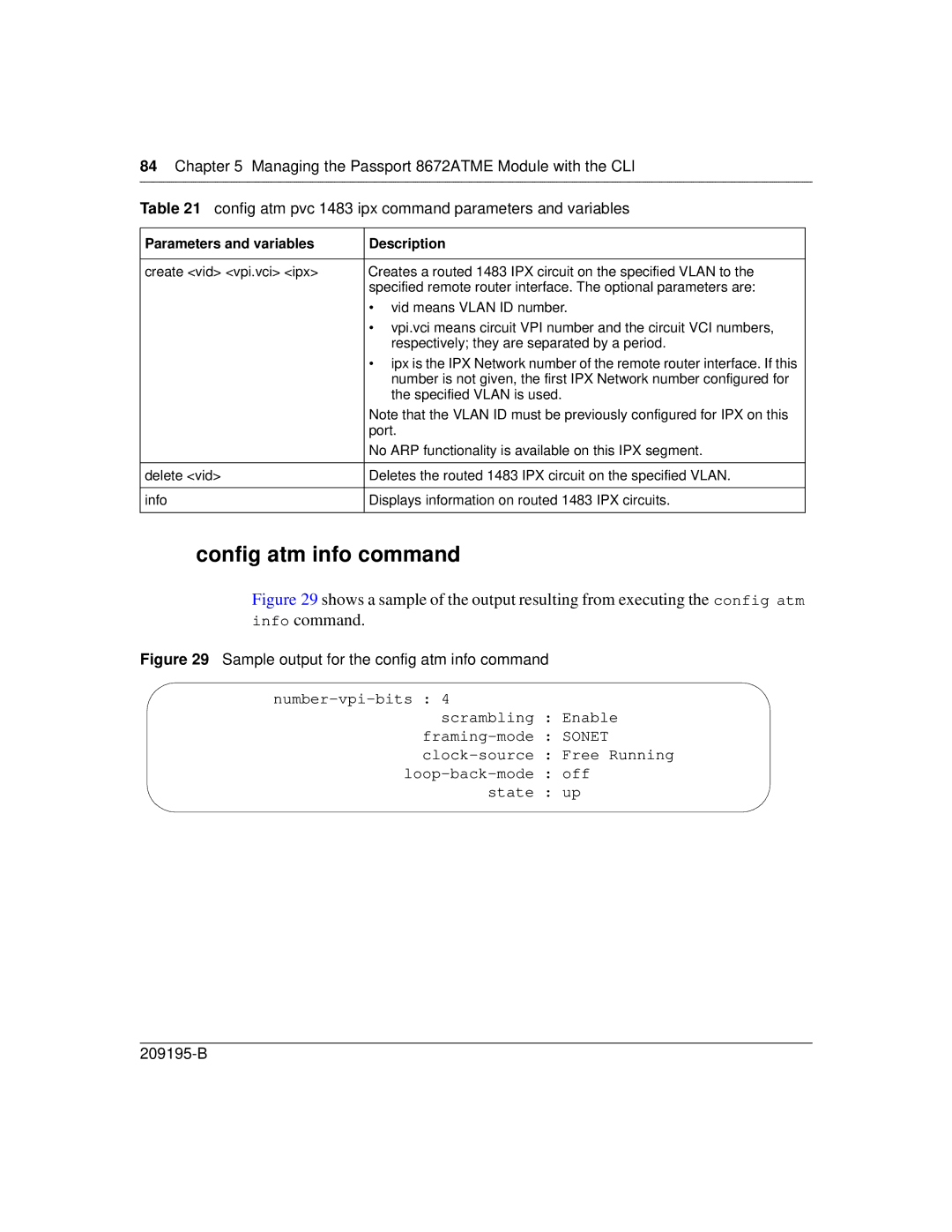 Nortel Networks 8672ATME manual Config atm info command, Sample output for the config atm info command 