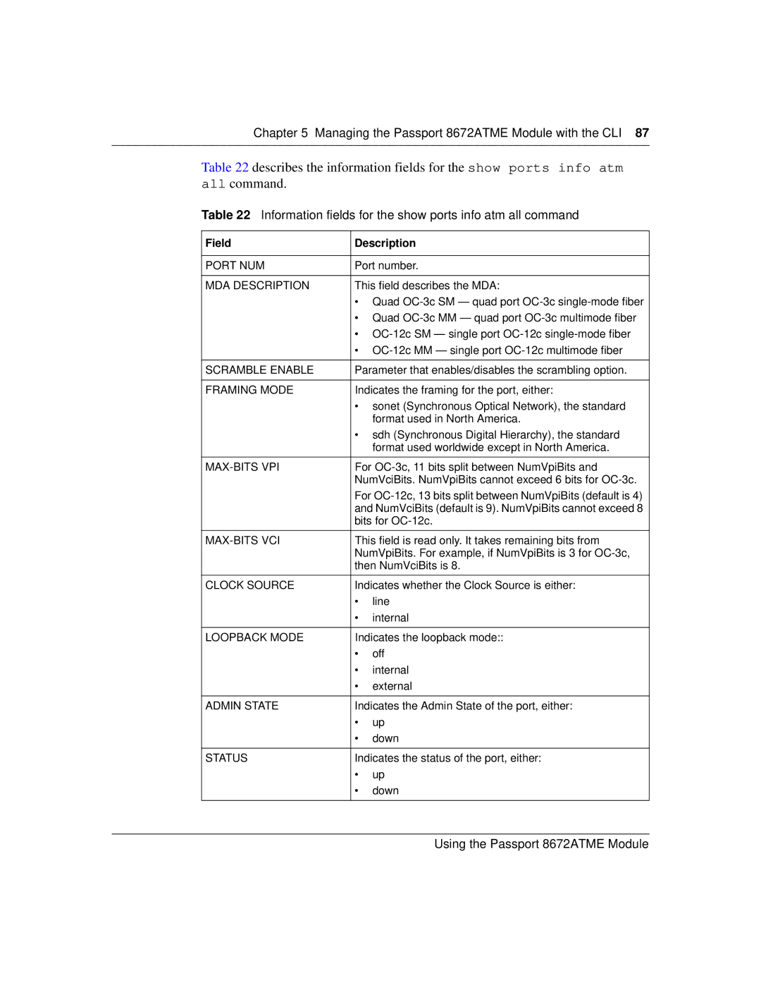 Nortel Networks 8672ATME manual Information fields for the show ports info atm all command 