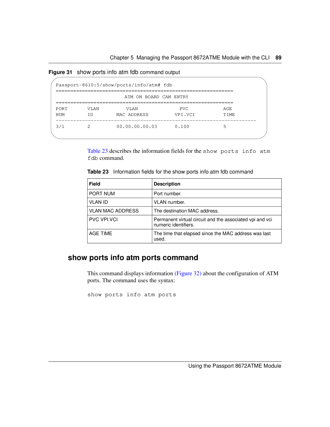 Nortel Networks 8672ATME Show ports info atm ports command, Information fields for the show ports info atm fdb command 