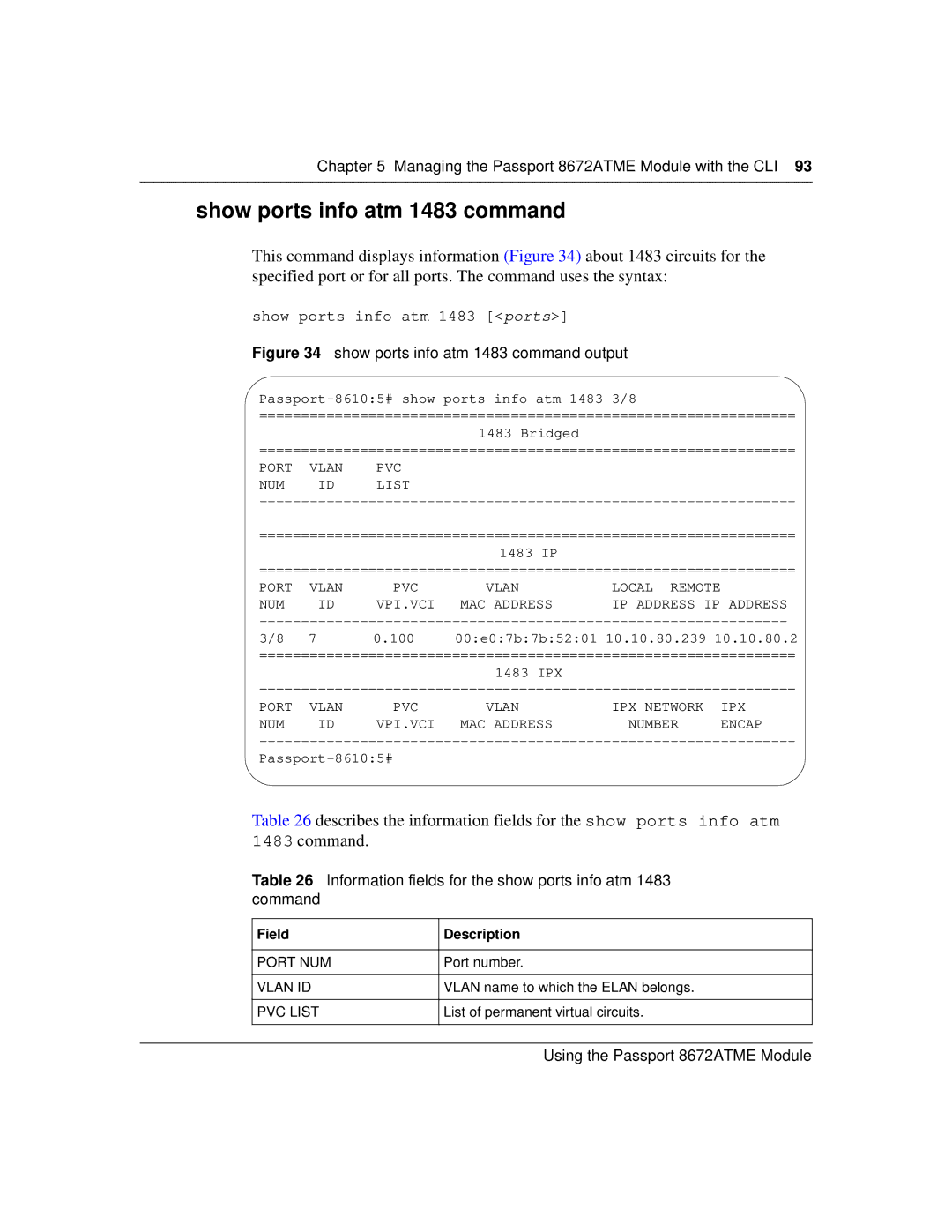 Nortel Networks 8672ATME Show ports info atm 1483 command, Information fields for the show ports info atm 1483 command 