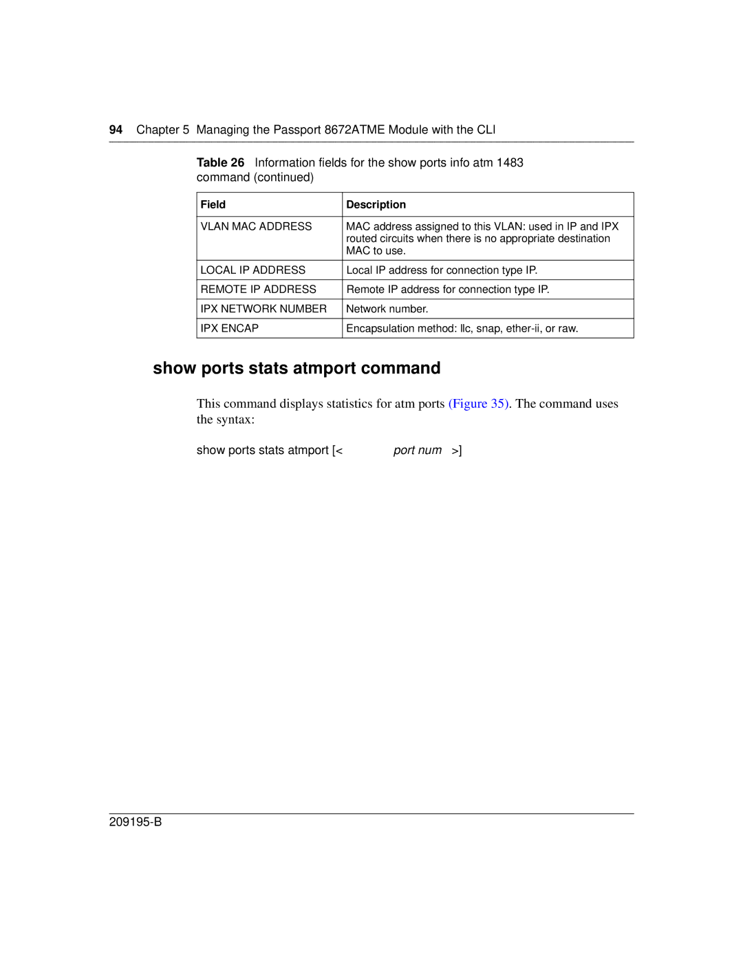 Nortel Networks 8672ATME manual Show ports stats atmport command, Vlan MAC Address 