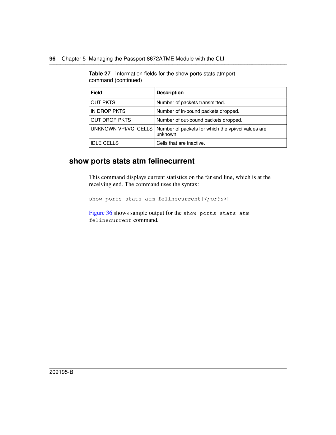 Nortel Networks 8672ATME manual Show ports stats atm felinecurrent 