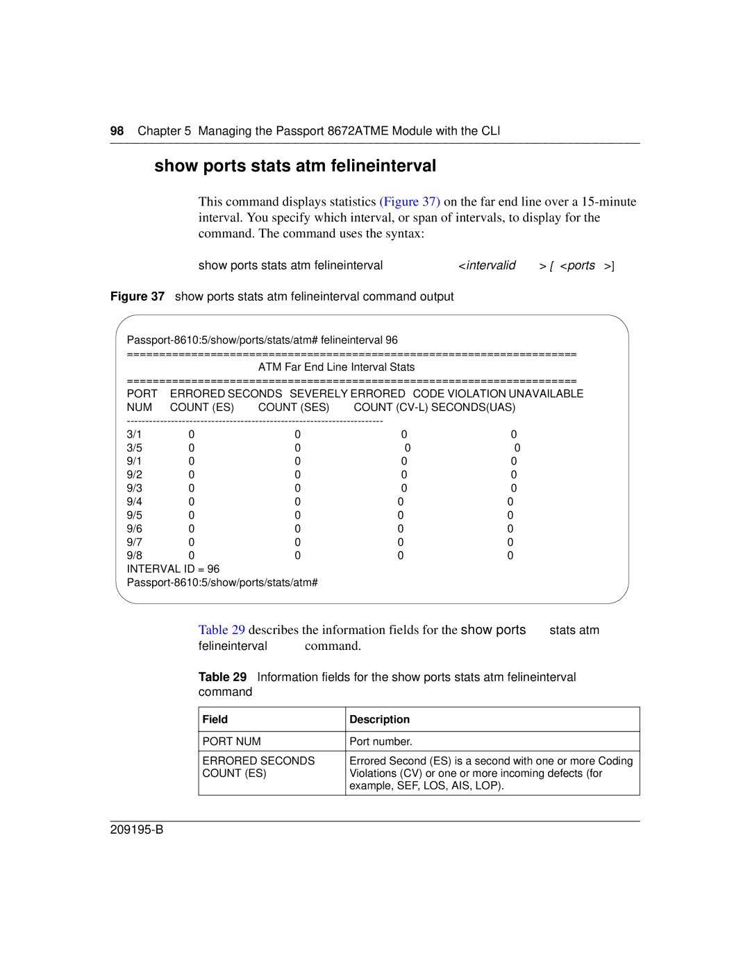 Nortel Networks 8672ATME manual Show ports stats atm felineinterval command output 