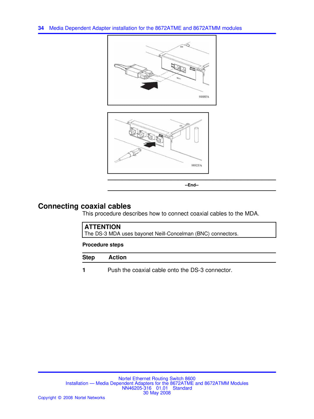 Nortel Networks 8672ATMM manual Connecting coaxial cables, Push the coaxial cable onto the DS-3 connector 