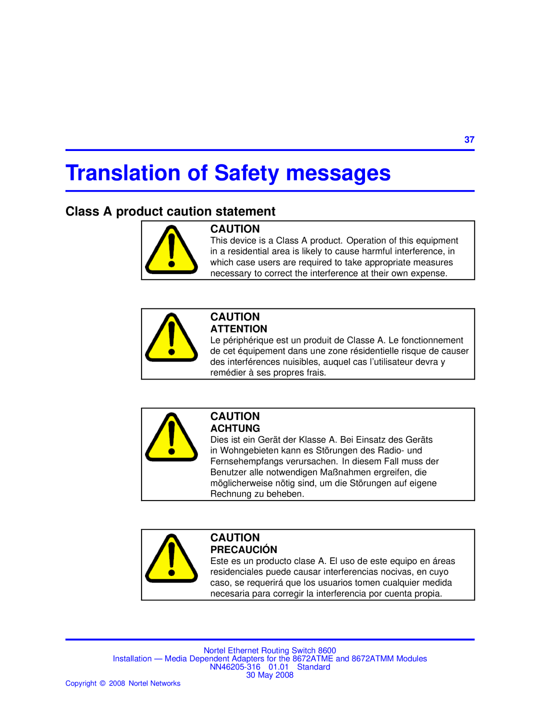 Nortel Networks 8672ATMM manual Translation of Safety messages, Class a product caution statement 