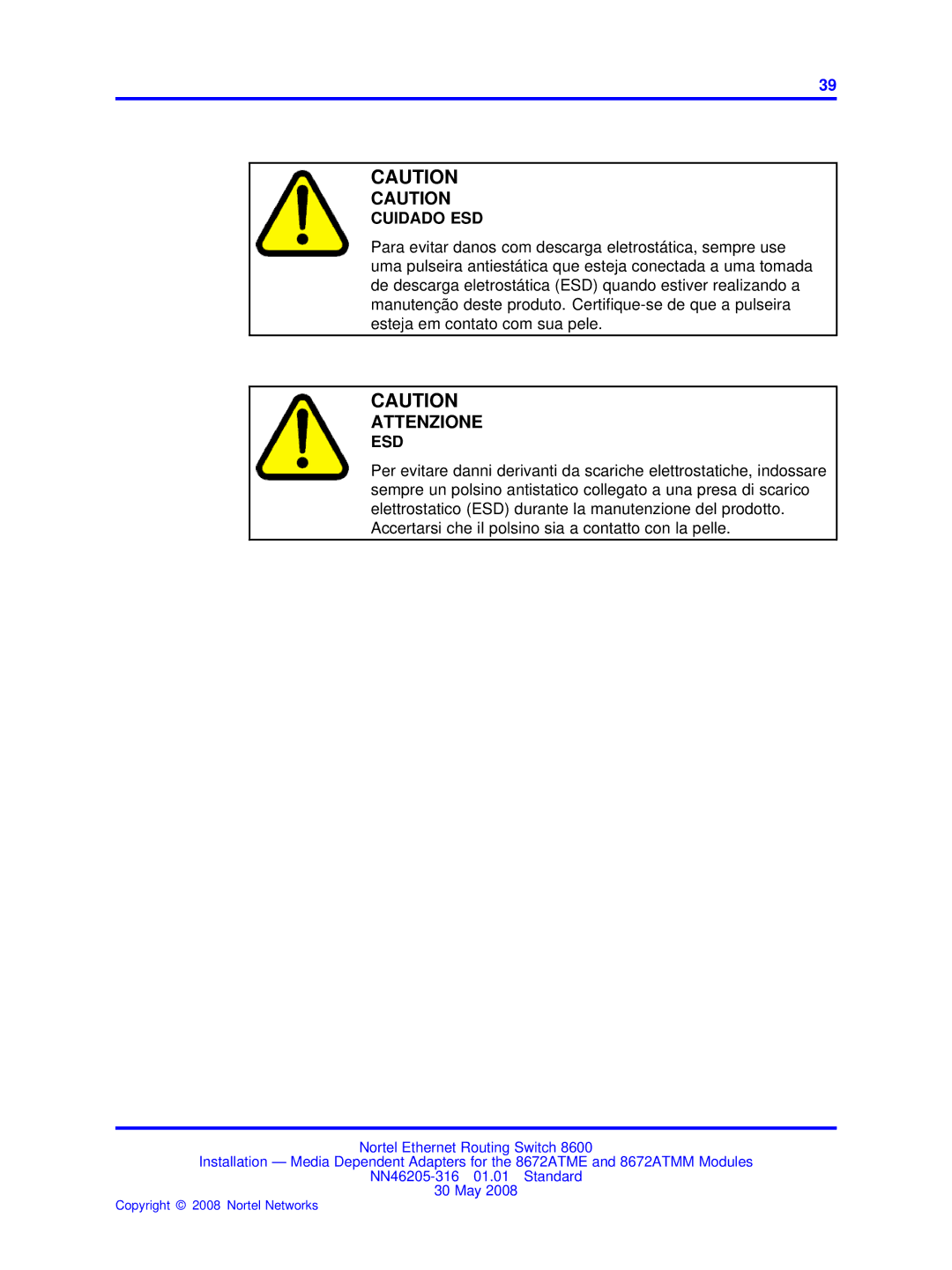 Nortel Networks 8672ATMM manual Cuidado ESD 