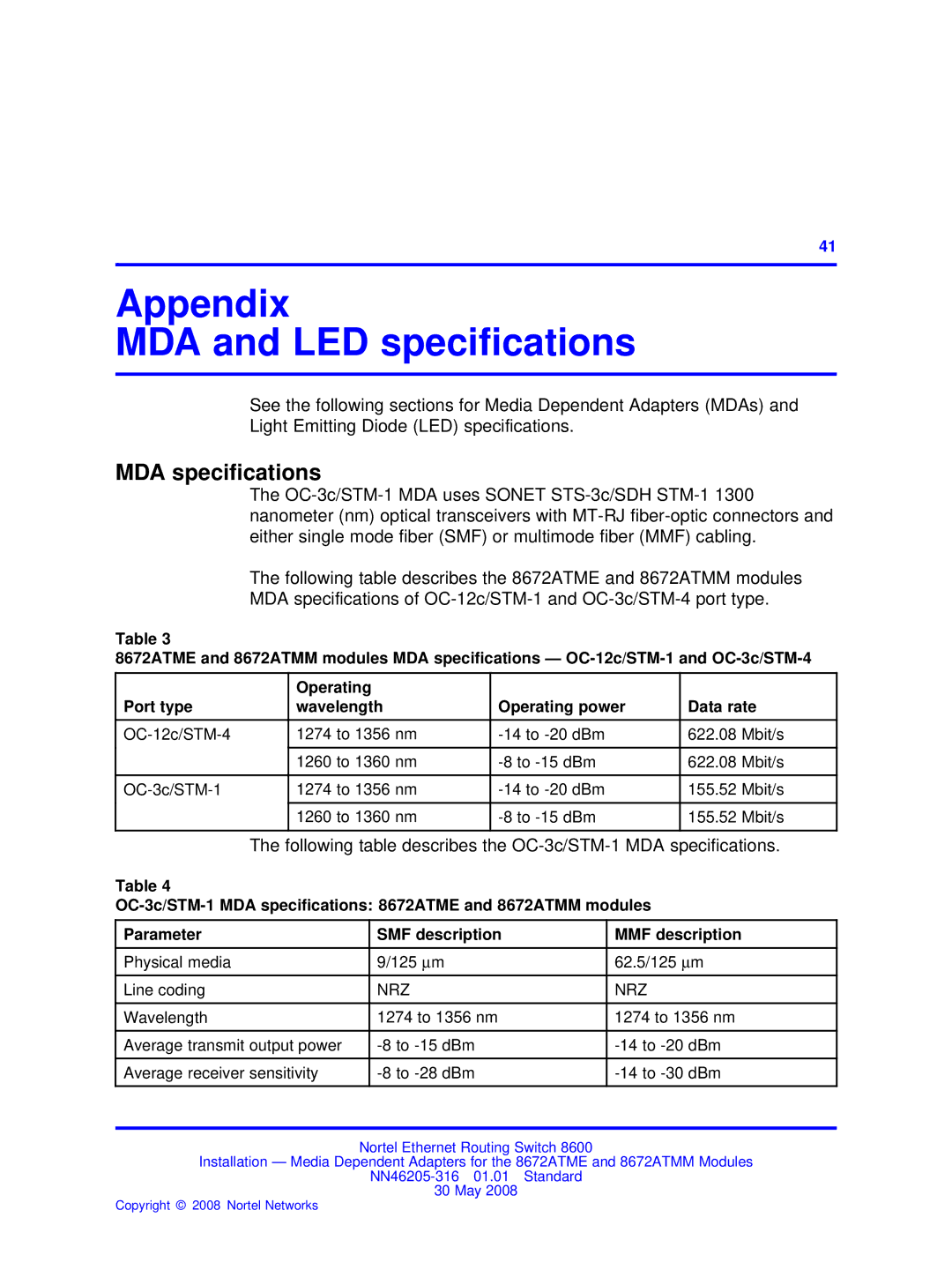 Nortel Networks 8672ATMM manual Appendix MDA and LED speciﬁcations, MDA speciﬁcations 