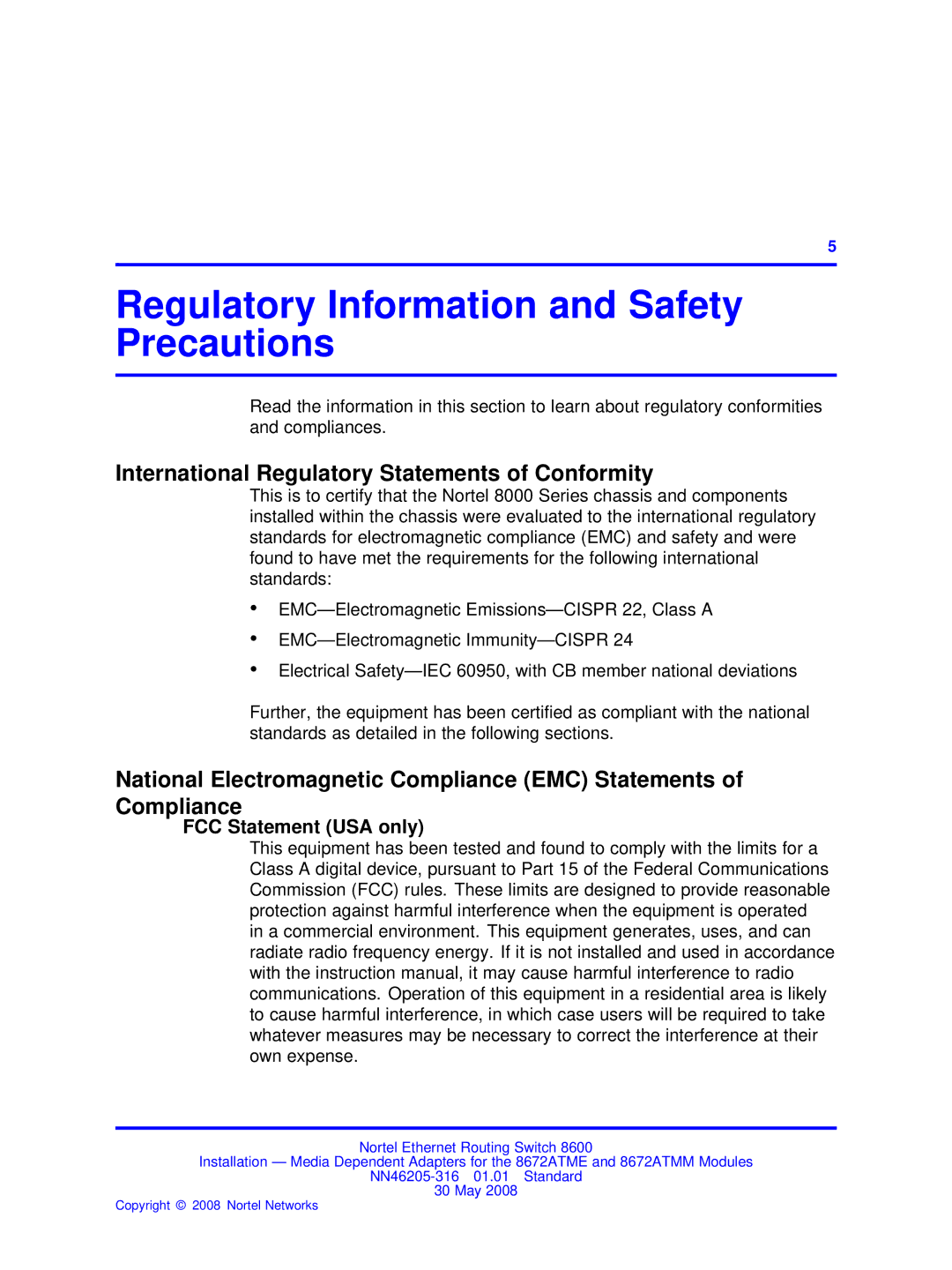 Nortel Networks 8672ATMM Regulatory Information and Safety Precautions, International Regulatory Statements of Conformity 