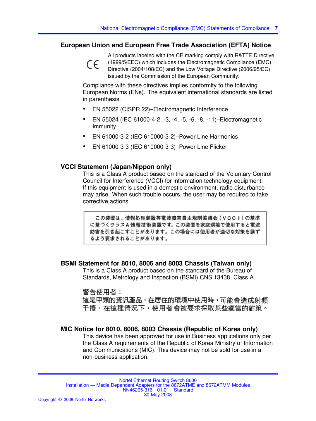 Nortel Networks 8672ATMM Vcci Statement Japan/Nippon only, Bsmi Statement for 8010, 8006 and 8003 Chassis Taiwan only 