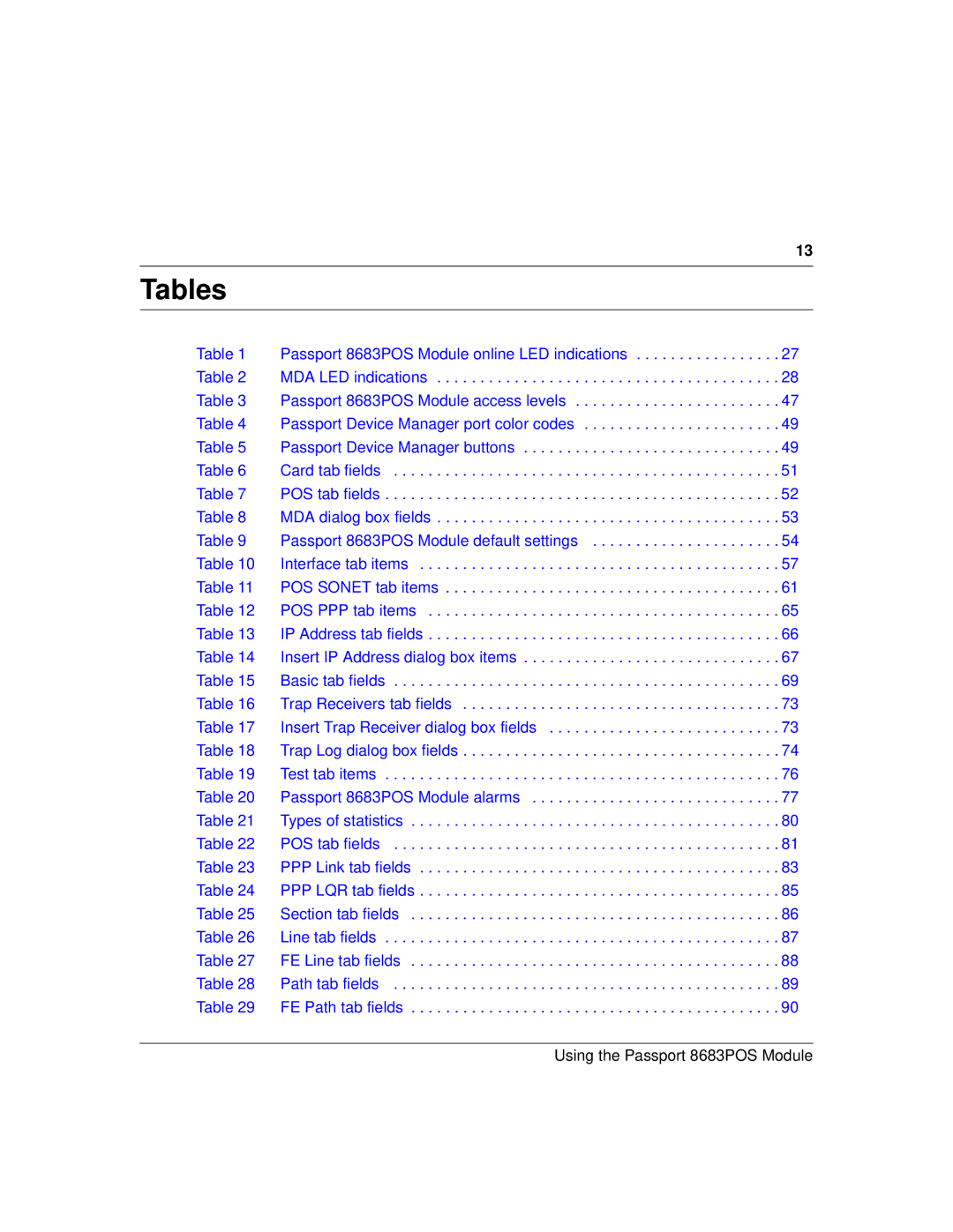 Nortel Networks 8683POS manual Tables 