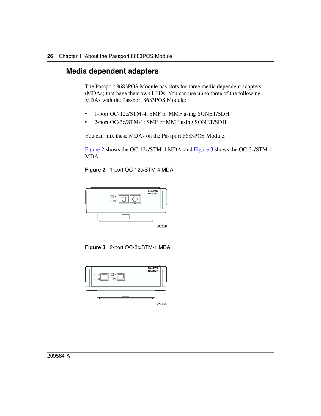 Nortel Networks 8683POS manual Media dependent adapters, Shows the OC-12c/STM-4 MDA, and shows the OC-3c/STM-1 MDA 