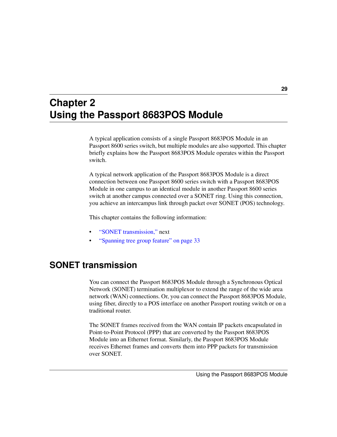 Nortel Networks manual Chapter Using the Passport 8683POS Module, Sonet transmission 