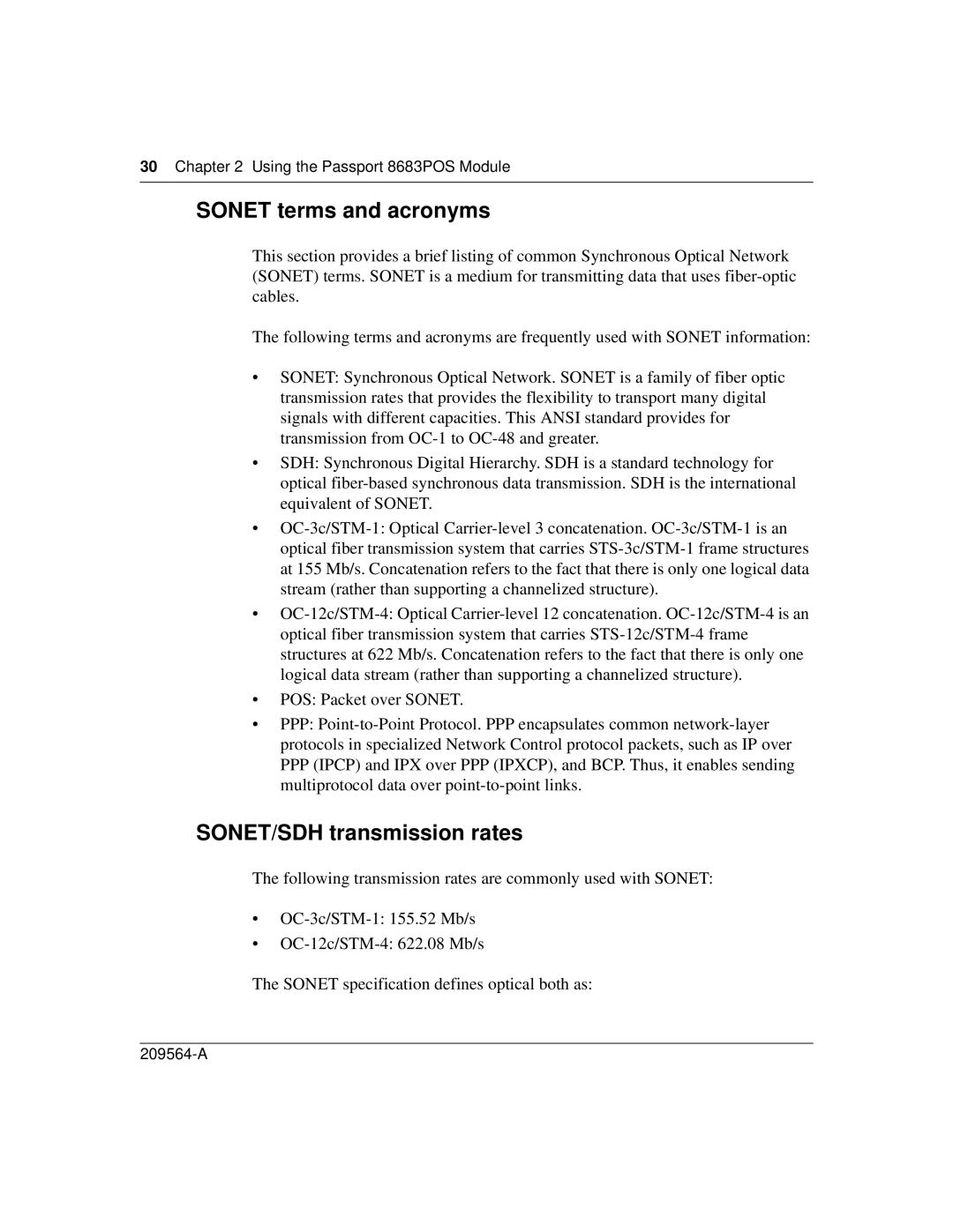 Nortel Networks 8683POS manual Sonet terms and acronyms, SONET/SDH transmission rates 