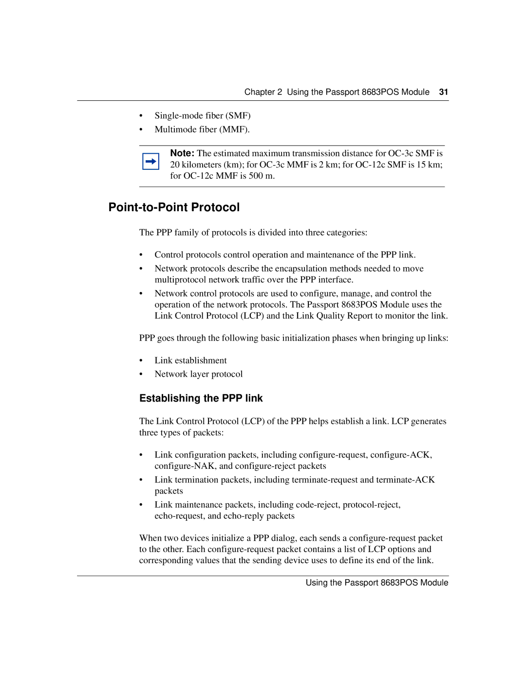 Nortel Networks 8683POS Point-to-Point Protocol, Establishing the PPP link, Single-mode fiber SMF Multimode fiber MMF 