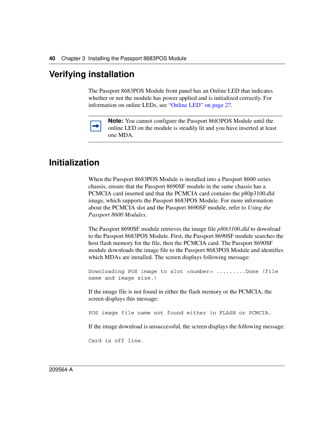 Nortel Networks 8683POS manual Verifying installation, Initialization 