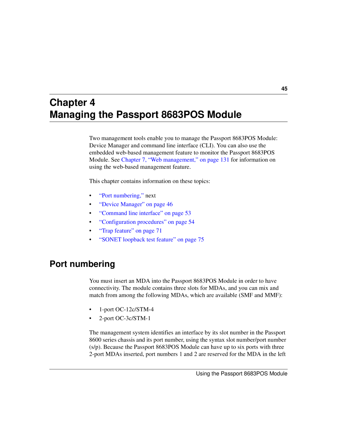 Nortel Networks manual Chapter Managing the Passport 8683POS Module, Port numbering 