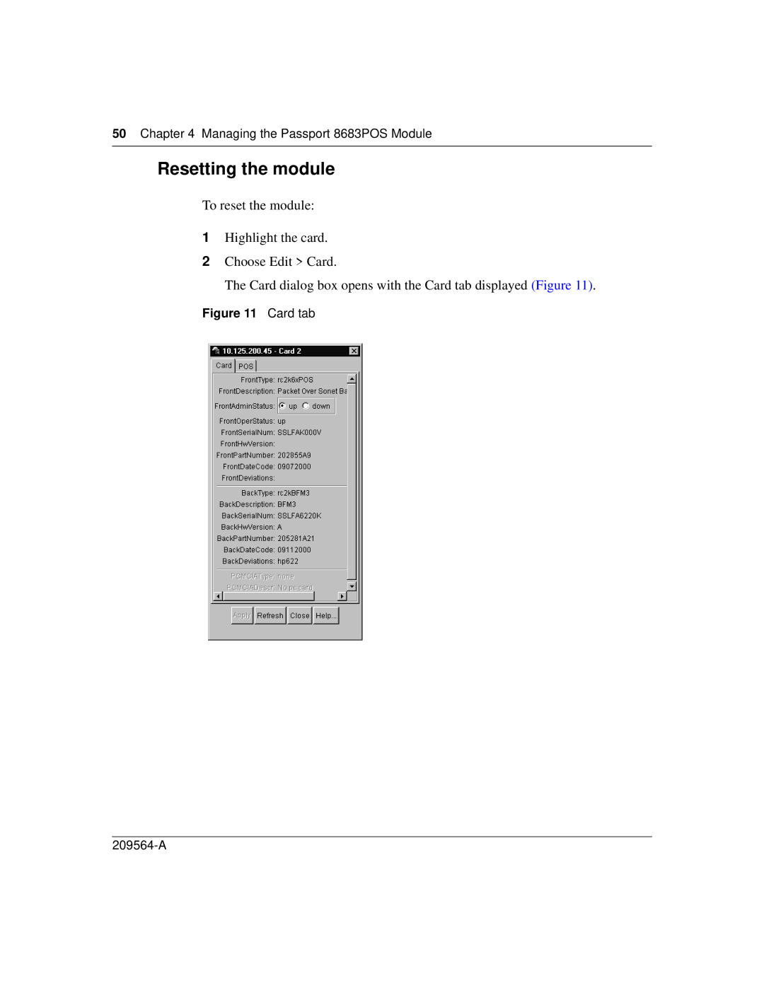 Nortel Networks 8683POS manual Resetting the module, Card tab 