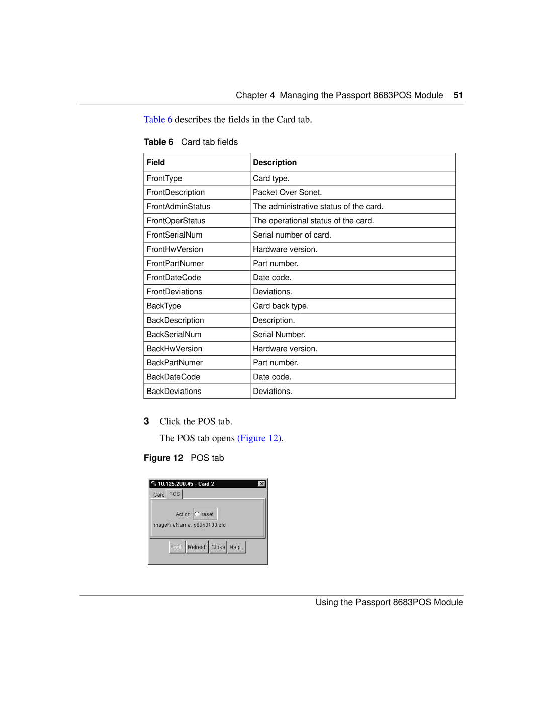 Nortel Networks 8683POS Describes the fields in the Card tab, Click the POS tab POS tab opens Figure, Card tab fields 