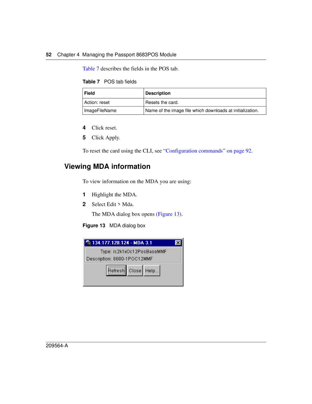 Nortel Networks 8683POS manual Viewing MDA information, Describes the fields in the POS tab, POS tab fields 