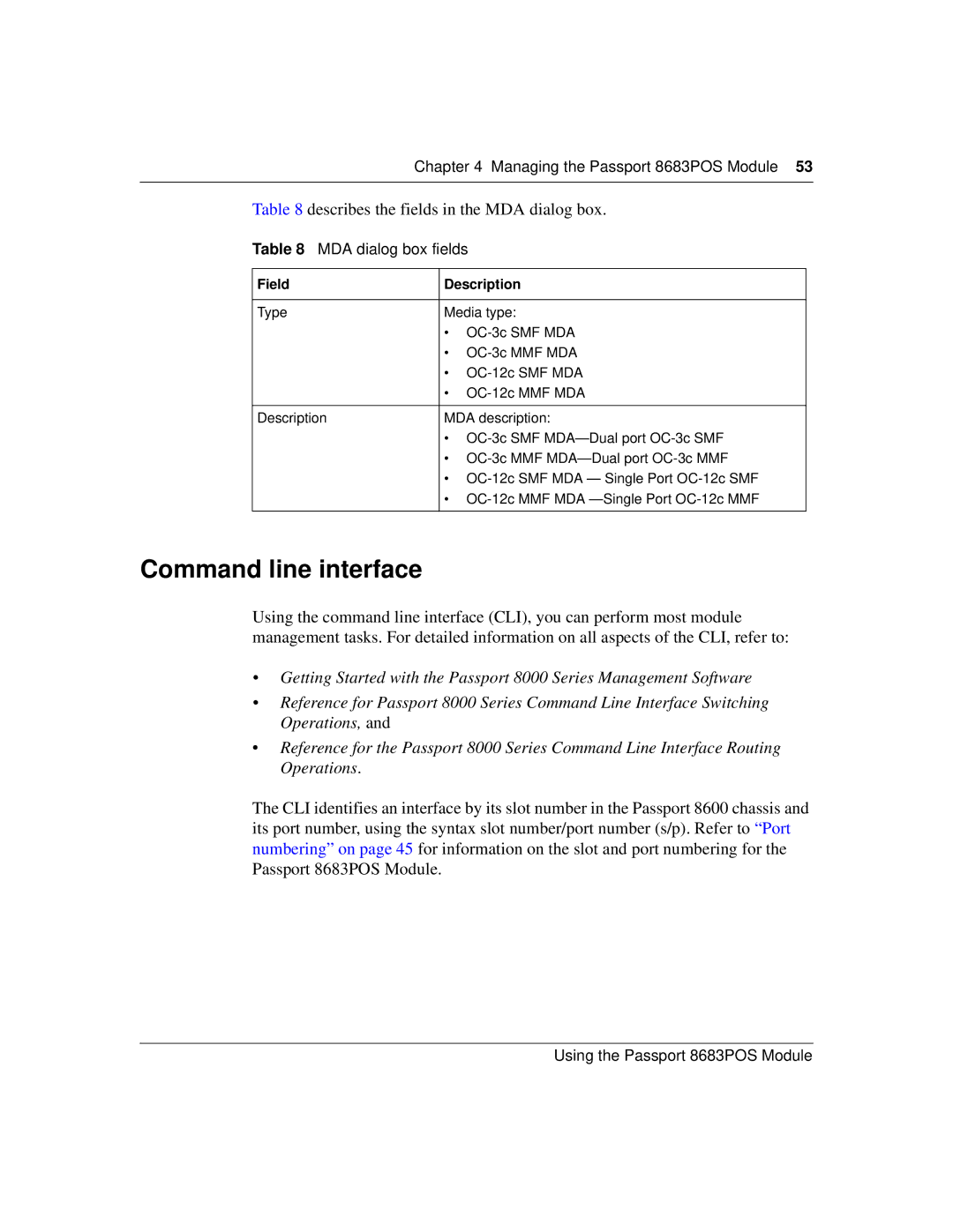 Nortel Networks 8683POS manual Command line interface, Describes the fields in the MDA dialog box, MDA dialog box fields 