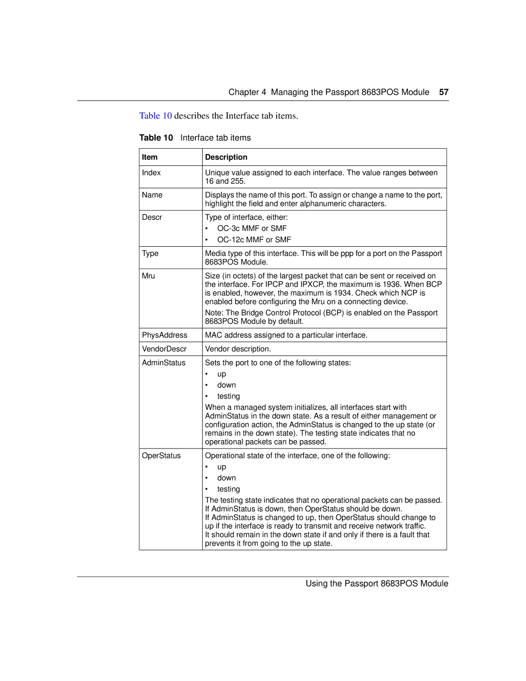 Nortel Networks 8683POS manual Describes the Interface tab items 