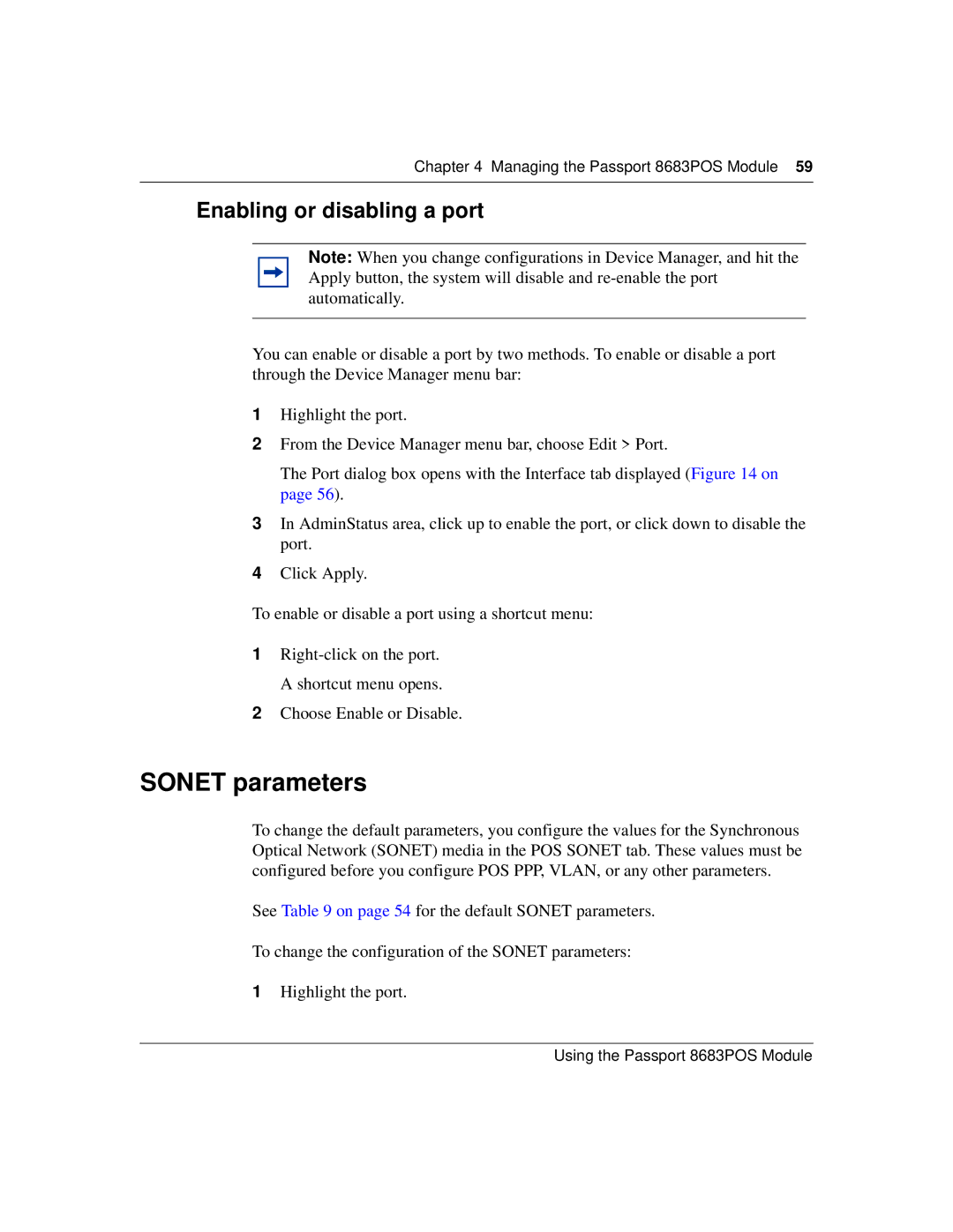 Nortel Networks 8683POS manual Sonet parameters, Enabling or disabling a port 