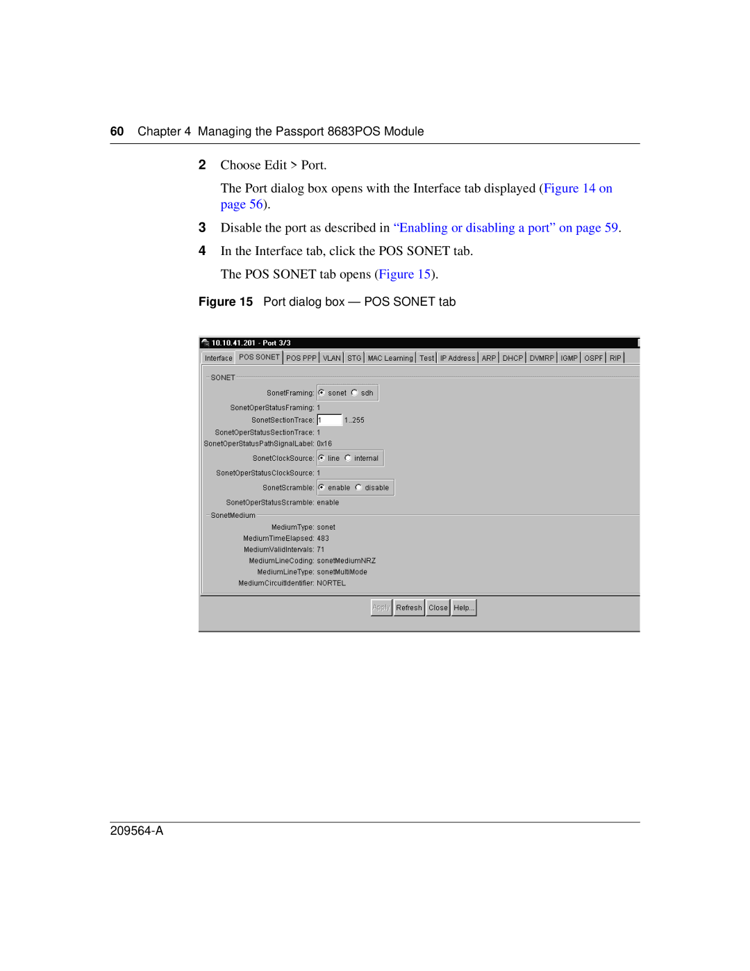 Nortel Networks 8683POS manual Port dialog box POS Sonet tab 209564-A 