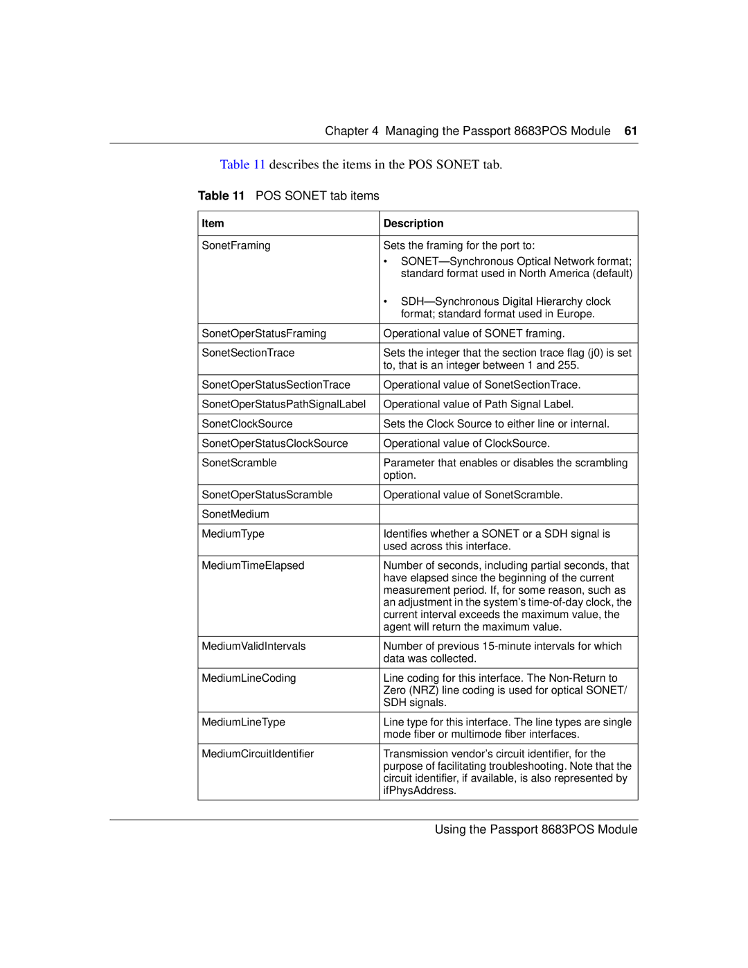 Nortel Networks 8683POS manual Describes the items in the POS Sonet tab, POS Sonet tab items 