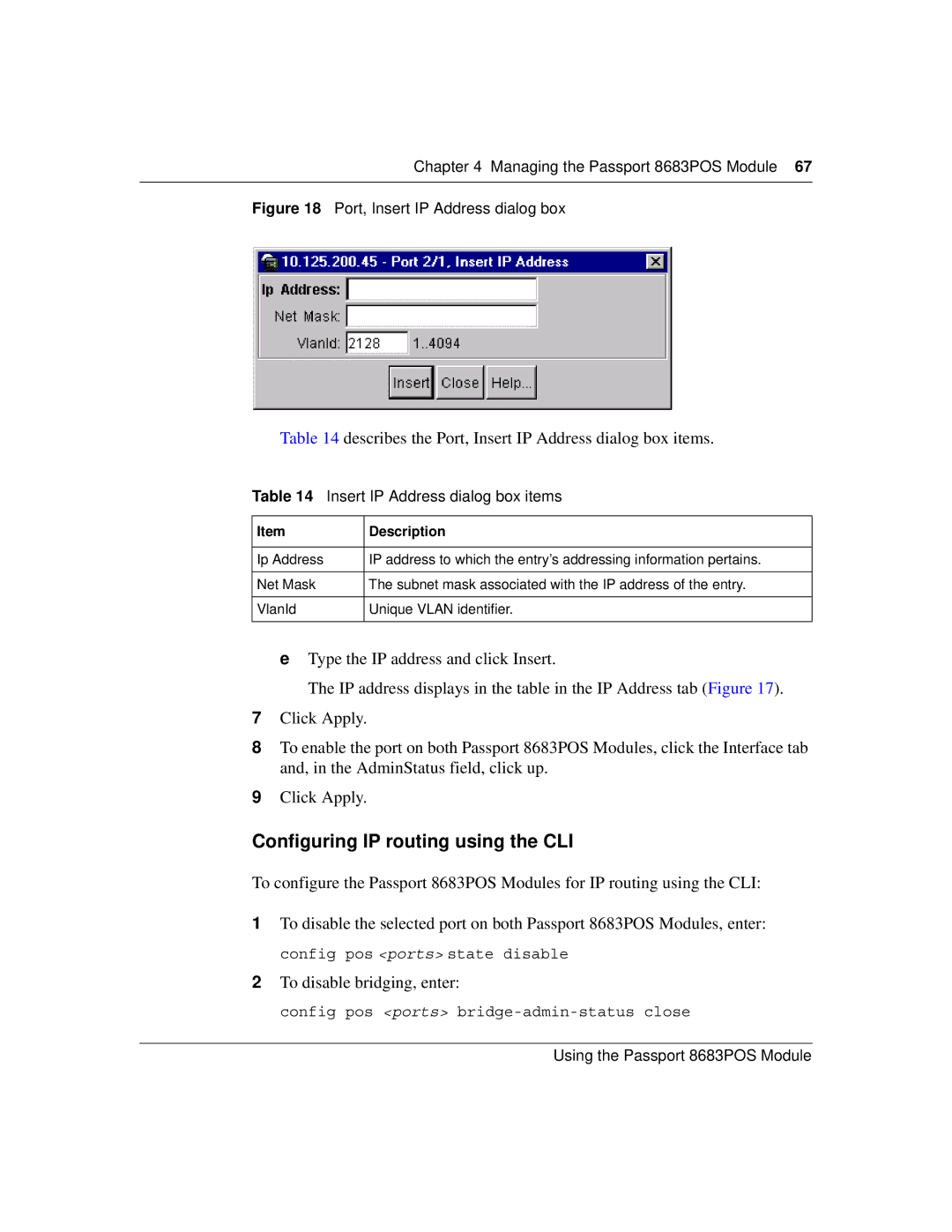 Nortel Networks 8683POS manual Configuring IP routing using the CLI, Describes the Port, Insert IP Address dialog box items 