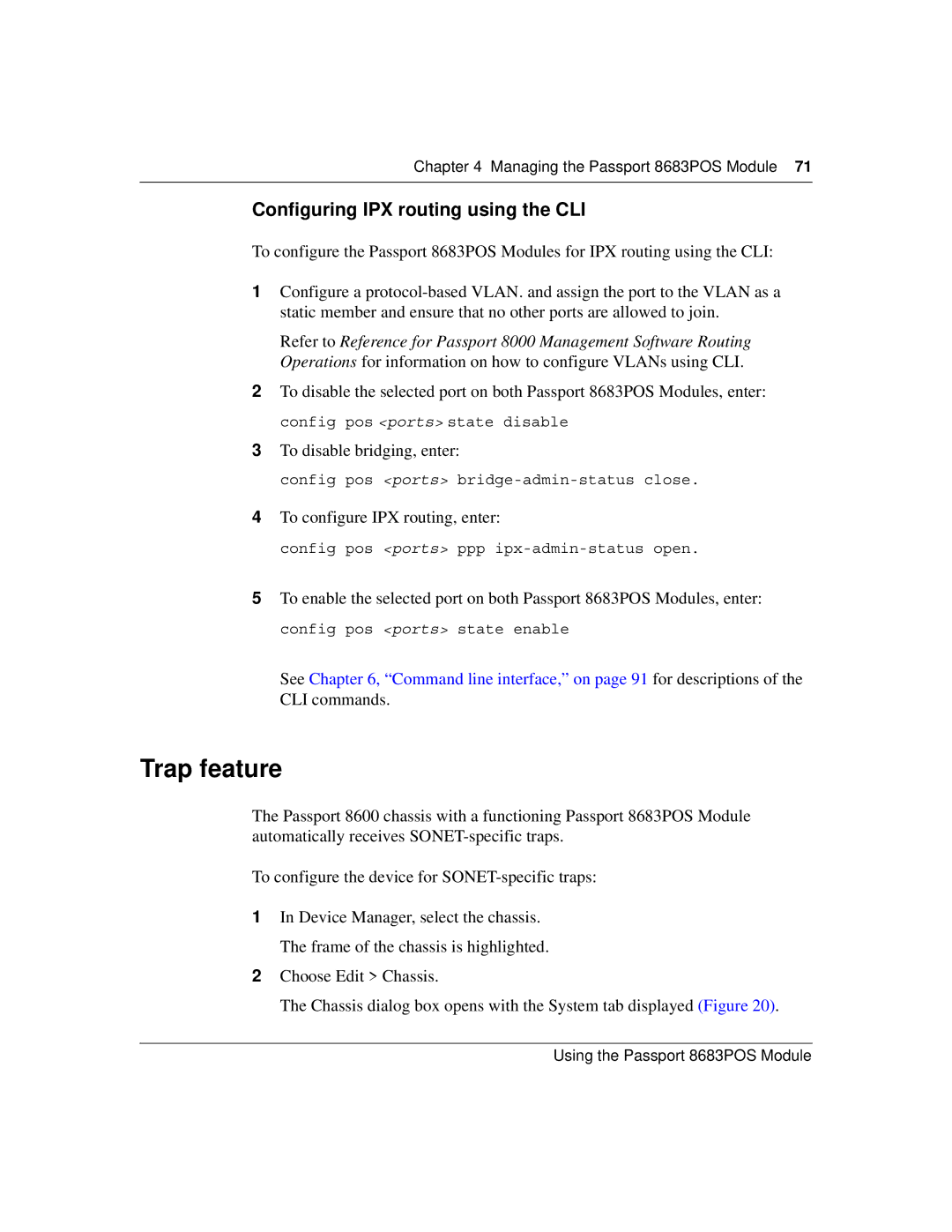 Nortel Networks 8683POS manual Trap feature, Configuring IPX routing using the CLI, To configure IPX routing, enter 