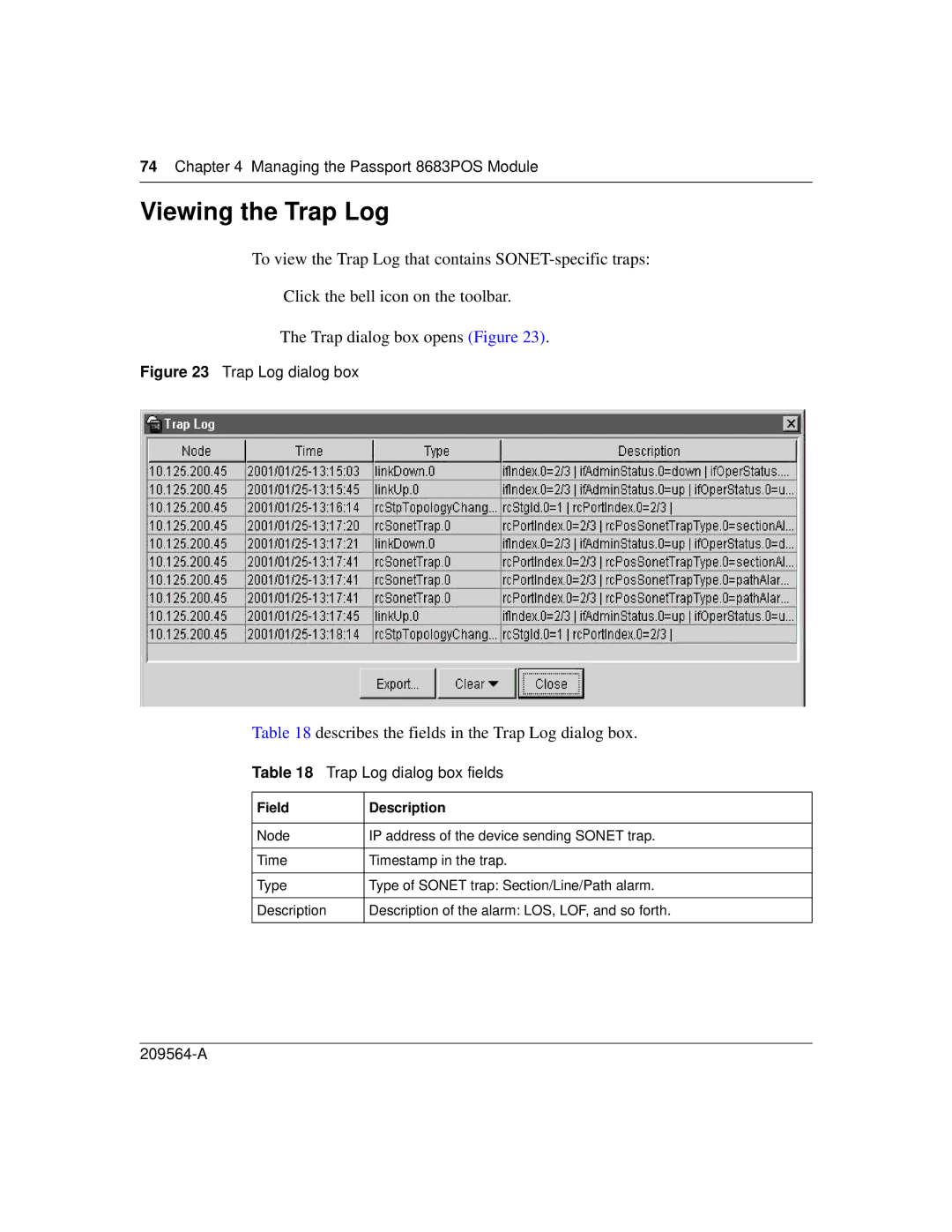 Nortel Networks 8683POS Viewing the Trap Log, Describes the fields in the Trap Log dialog box, Trap Log dialog box fields 