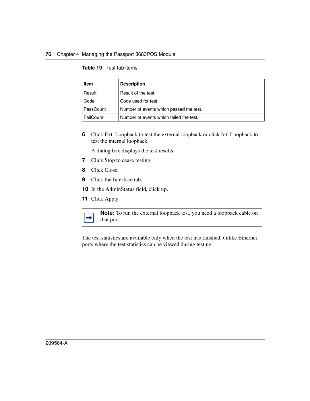 Nortel Networks manual Managing the Passport 8683POS Module Test tab items 