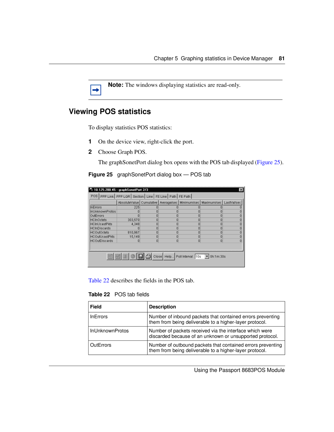 Nortel Networks 8683POS manual Viewing POS statistics, Graphing statistics in Device Manager 